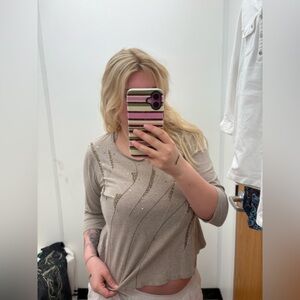 Women's Taupe Embellished Scoop Neck Top